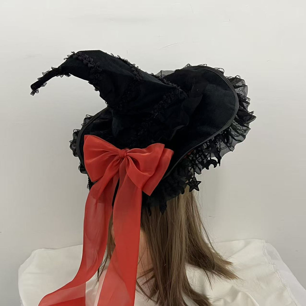 Halloween Dark Purple Lace Big Bow Witch Hat Dark Gothic Wizard Big Brim Hat Lolita Witch Hat