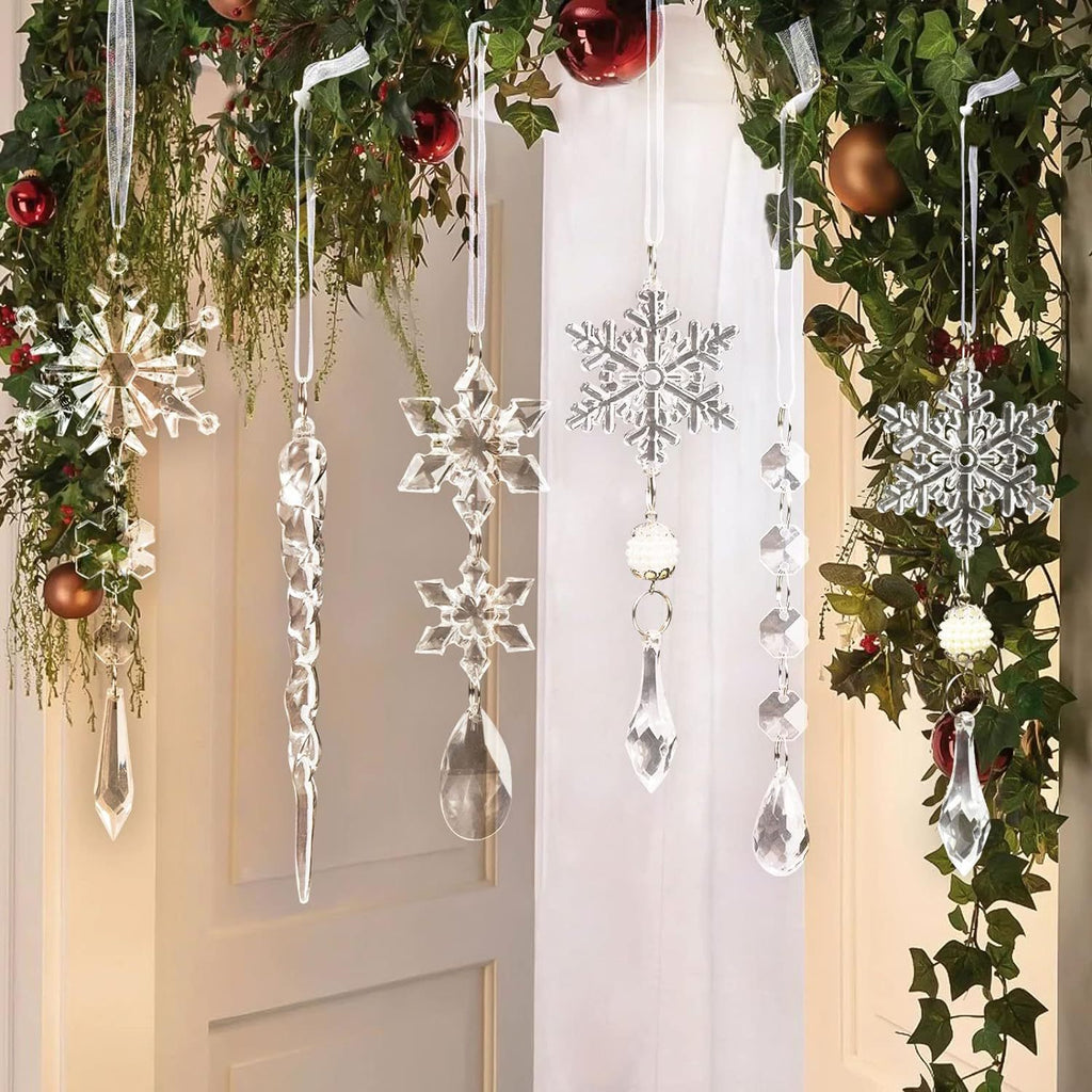 18Pcs Christmas Tree Decoration Crystal Christmas Decorations Hanging Acrylic Snowflakes and Icicles Christmas Tree Pendants