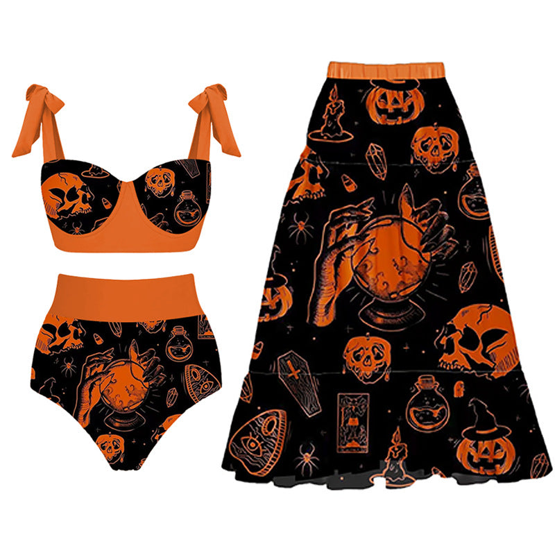 Halloween Limited Edition Swimsuit with Bows, Pumpkin Print Split Swimsuit, Cross-Border Hot Style and Sexy