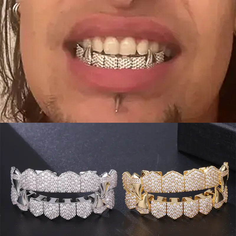 Halloween Vampire Braces Copper Inlaid with Zirconium Real Gold Electroplating Nightclub Exaggerated Big Gold Teeth Personalized Full Diamond Hip-Hop Braces