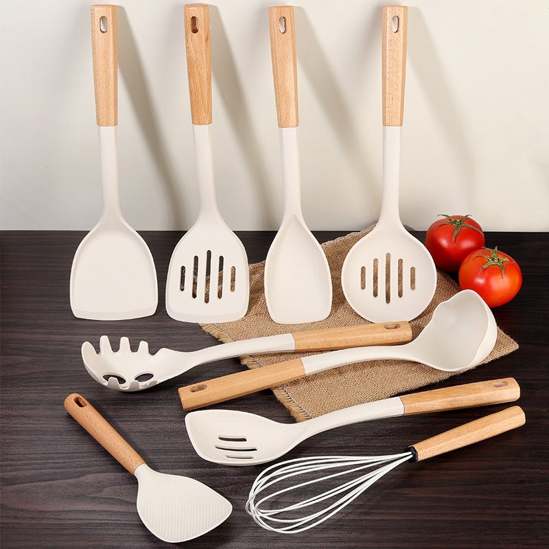 Wooden Handle Silicone Kitchen Utensil Set, Non-Stick Pan, Silicone Spatula, Soup Spoon, High Temperature Resistant Silicone Cooking Spatula, Daily Kitchen Utensils - Kasa & Pet
