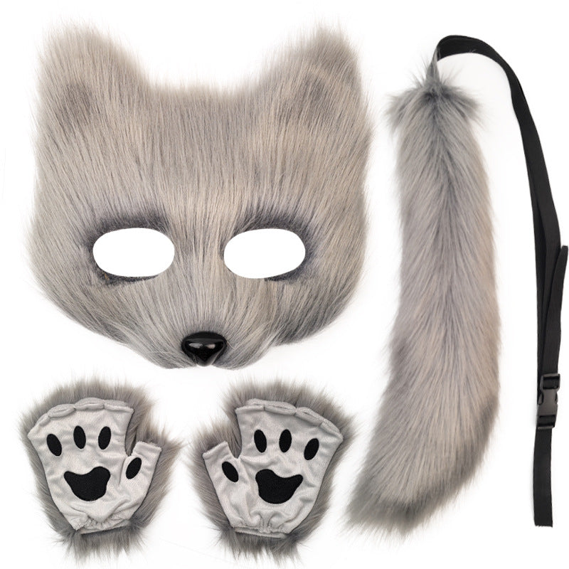 Fox Mask suit Plush Hand-made Animal Tail Gloves Tail Halloween Party Cat Animal Cos Props