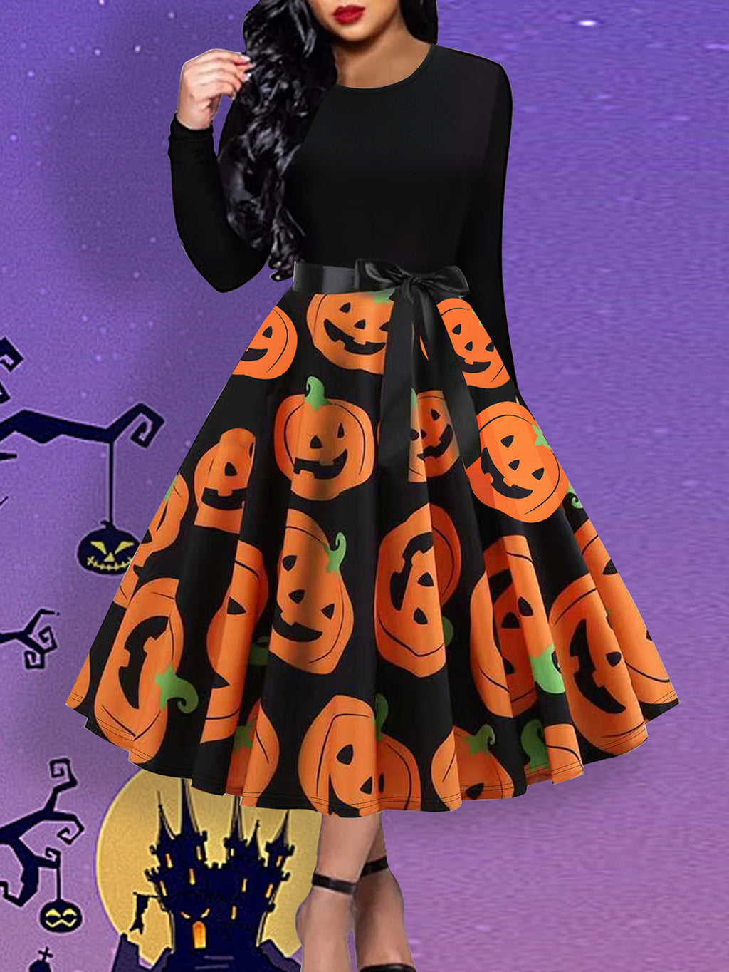 Cross-Border Amazon European and American Clothing Hot Sale Pumpkin Bow Halloween Dress Long-Sleeved Princess Holiday Casual