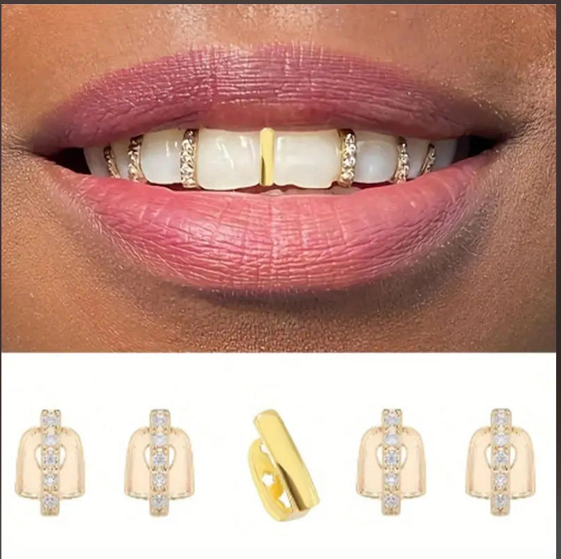 Halloween Vampire Braces Copper Inlaid with Zirconium Real Gold Electroplating Nightclub Exaggerated Big Gold Teeth Personalized Full Diamond Hip-Hop Braces