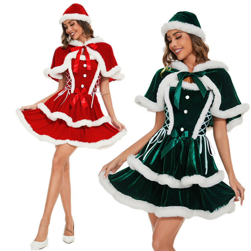Amazon Christmas Shawl Cloak Christmas Costume Girls Party Cos Red and Green Christmas Costume Performance Uniform