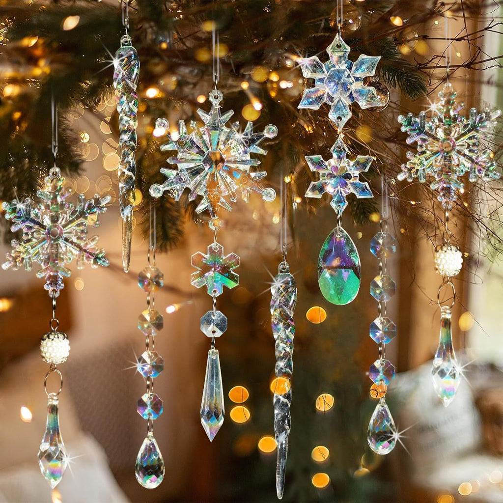 18Pcs Christmas Tree Decoration Crystal Christmas Decorations Hanging Acrylic Snowflakes and Icicles Christmas Tree Pendants