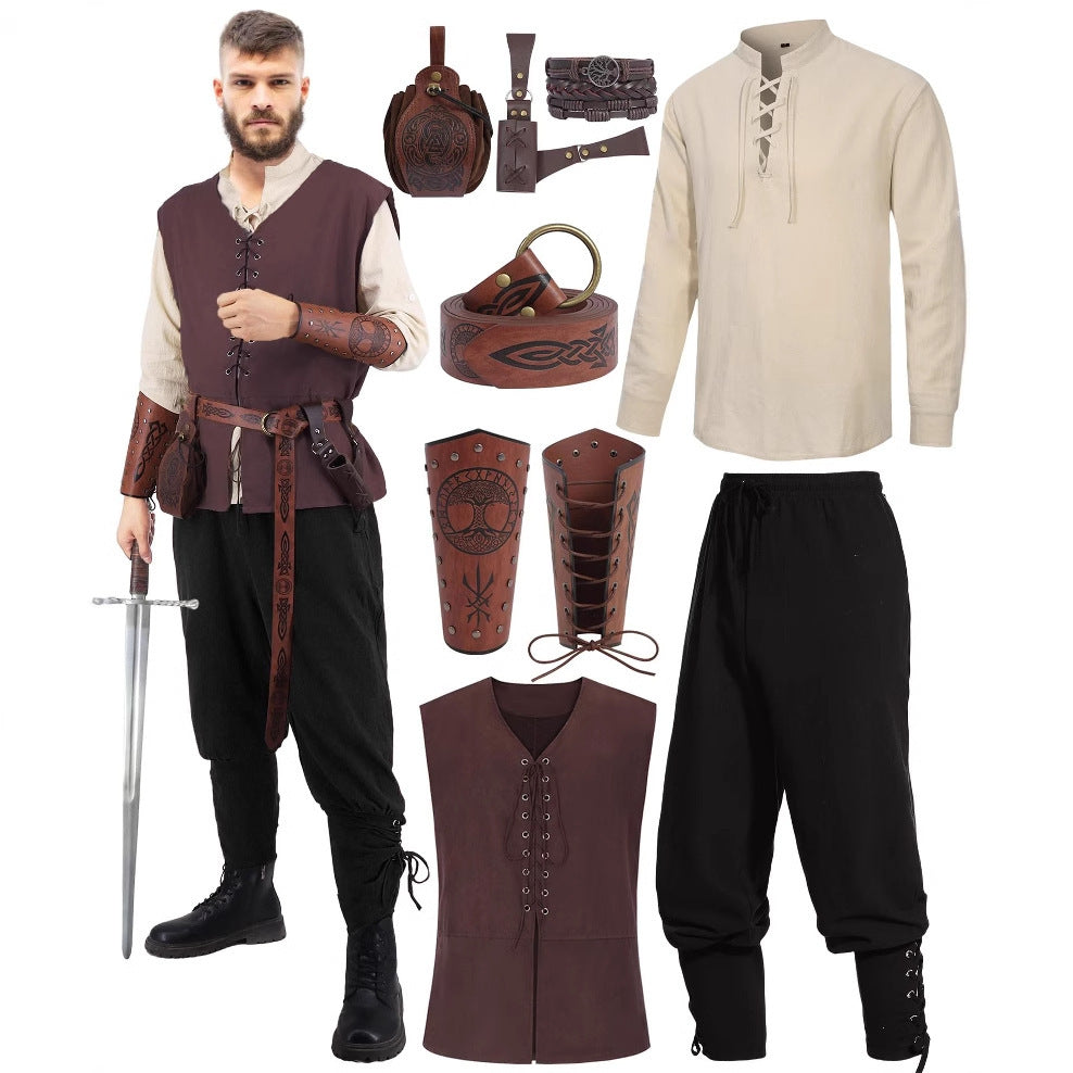 9-Piece Halloween Men's Renaissance Costume Set Medieval Pirate Shirt Ankle Strap Pants