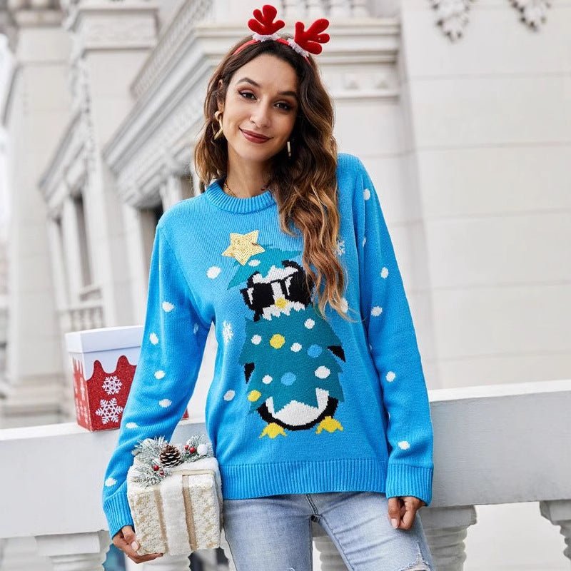Foreign Trade Cross-border 2024 Autumn and Winter European and American Women's Crewneck Long Sleeve Sequin Knitwear Pullover Animal Christmas Sweater