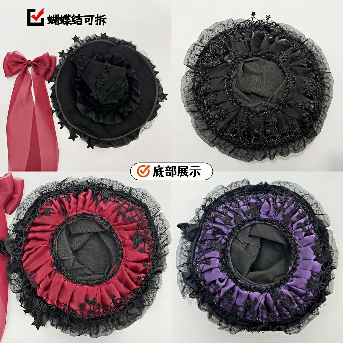 Halloween Dark Purple Lace Big Bow Witch Hat Dark Gothic Wizard Big Brim Hat Lolita Witch Hat