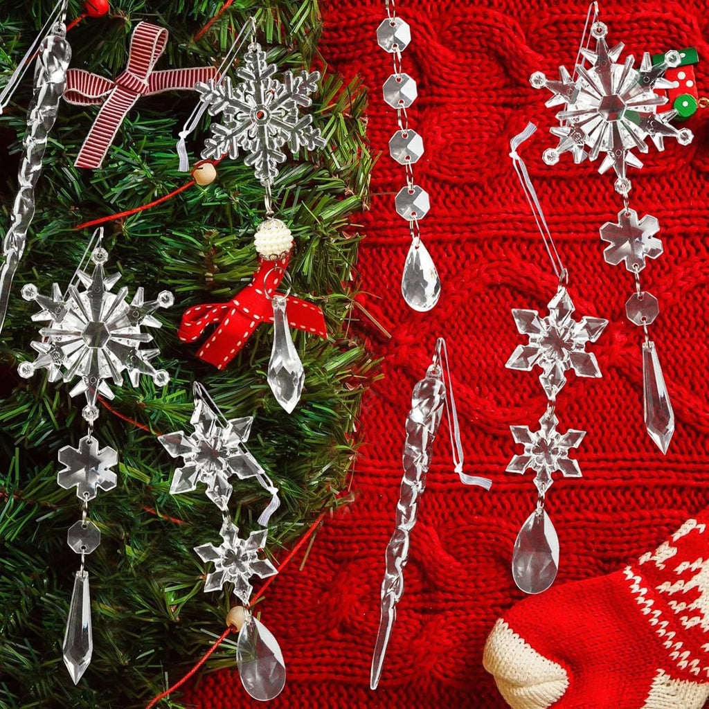 18Pcs Christmas Tree Decoration Crystal Christmas Decorations Hanging Acrylic Snowflakes and Icicles Christmas Tree Pendants
