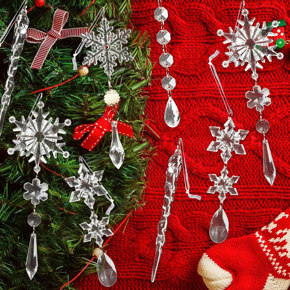 18Pcs Christmas Tree Decoration Crystal Christmas Decorations Hanging Acrylic Snowflakes and Icicles Christmas Tree Pendants