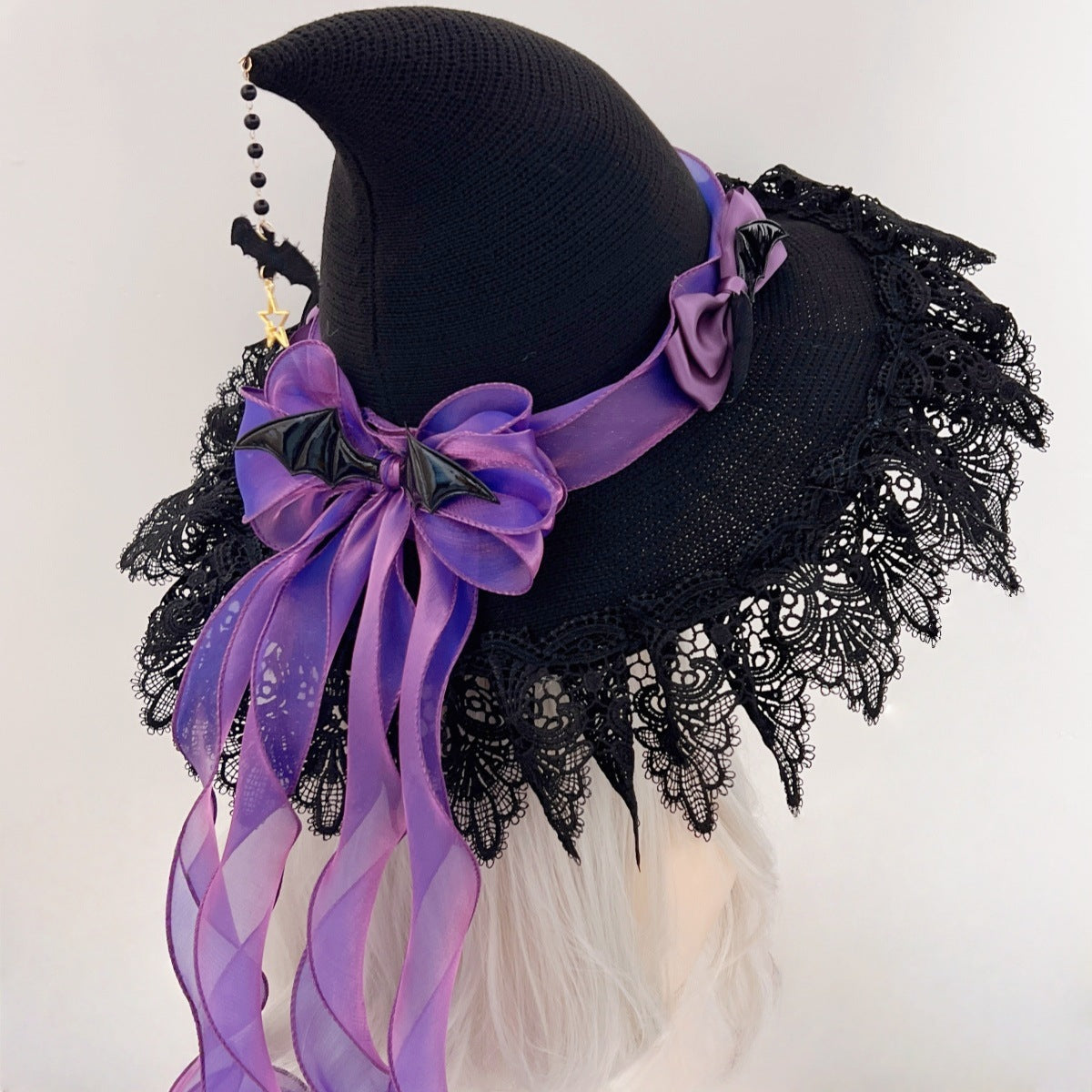 Handmade Dark Devil Bat Gothic Lolita Lace Halloween Witch Hat Witch Wizard Hat Headdress Lace