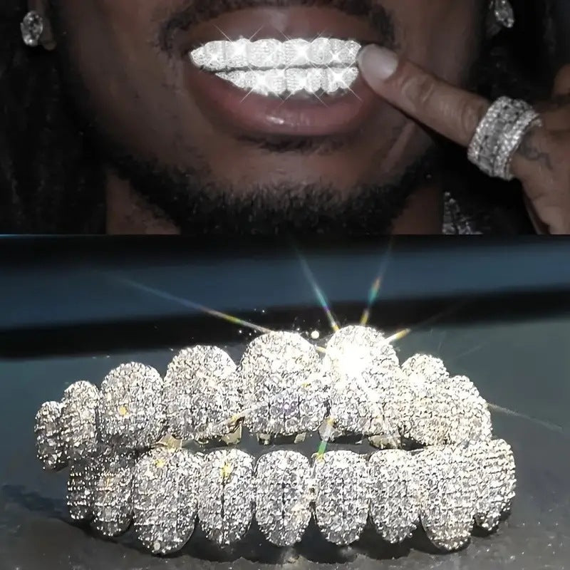 Halloween Vampire Braces Copper Inlaid with Zirconium Real Gold Electroplating Nightclub Exaggerated Big Gold Teeth Personalized Full Diamond Hip-Hop Braces