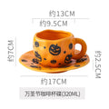 Creative Halloween-Themed Ceramic Cup and Saucer, Irregular Personalized Coffee Cup and Saucer with Pumpkin and Bat Patterns