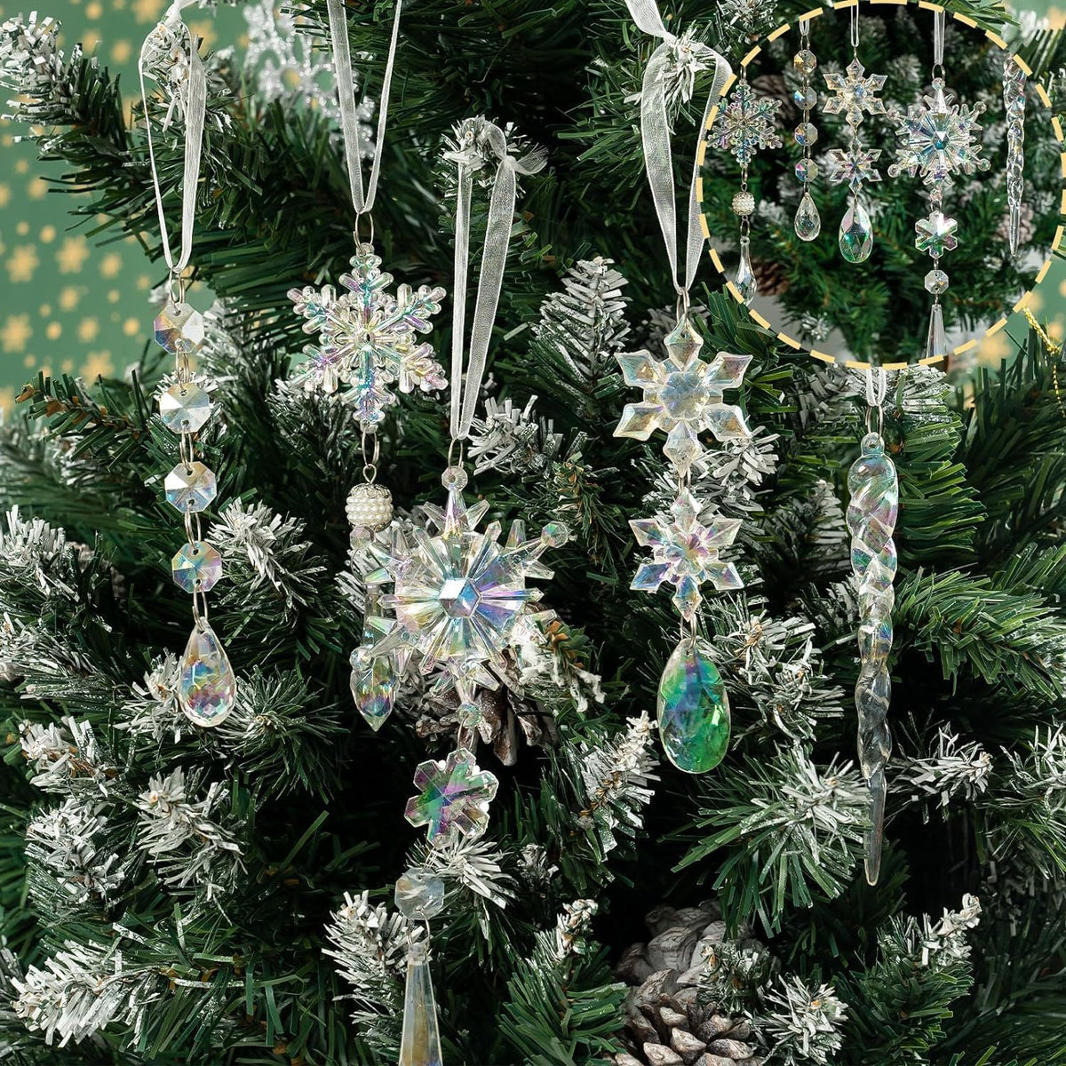 18Pcs Christmas Tree Decoration Crystal Christmas Decorations Hanging Acrylic Snowflakes and Icicles Christmas Tree Pendants