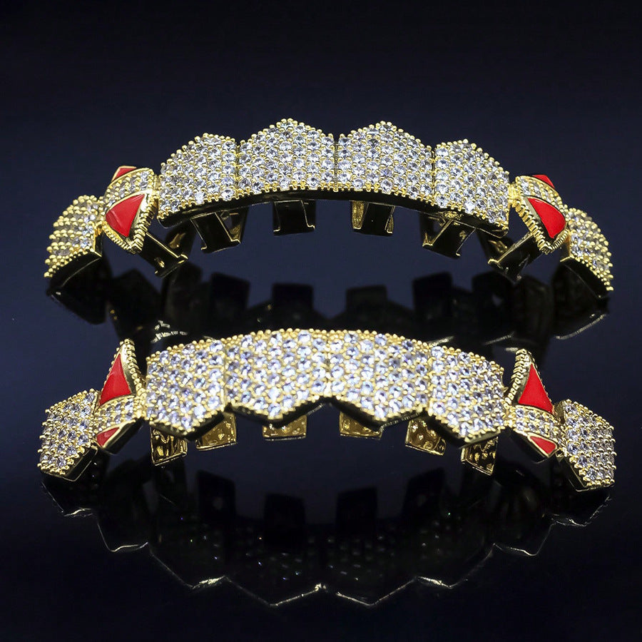 Halloween Vampire Braces Copper Inlaid with Zirconium Real Gold Electroplating Nightclub Exaggerated Big Gold Teeth Personalized Full Diamond Hip-Hop Braces
