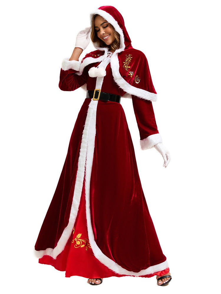 European and American Cross-Border Christmas Clothing Long-Sleeved Women's Christmas Dress Thickeneded Santa Claus with Shawl Christmas Queen Costume