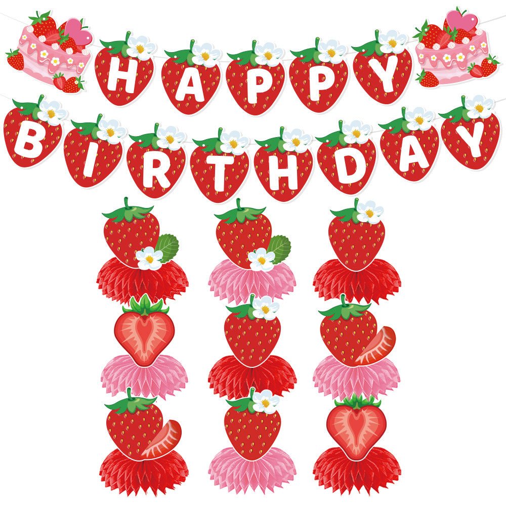 European and American Strawberry Birthday Theme Party Supplies Flags, Flowers, Honeycomb Table Decorations, Desktop Table Decorations - Kasa & Pet