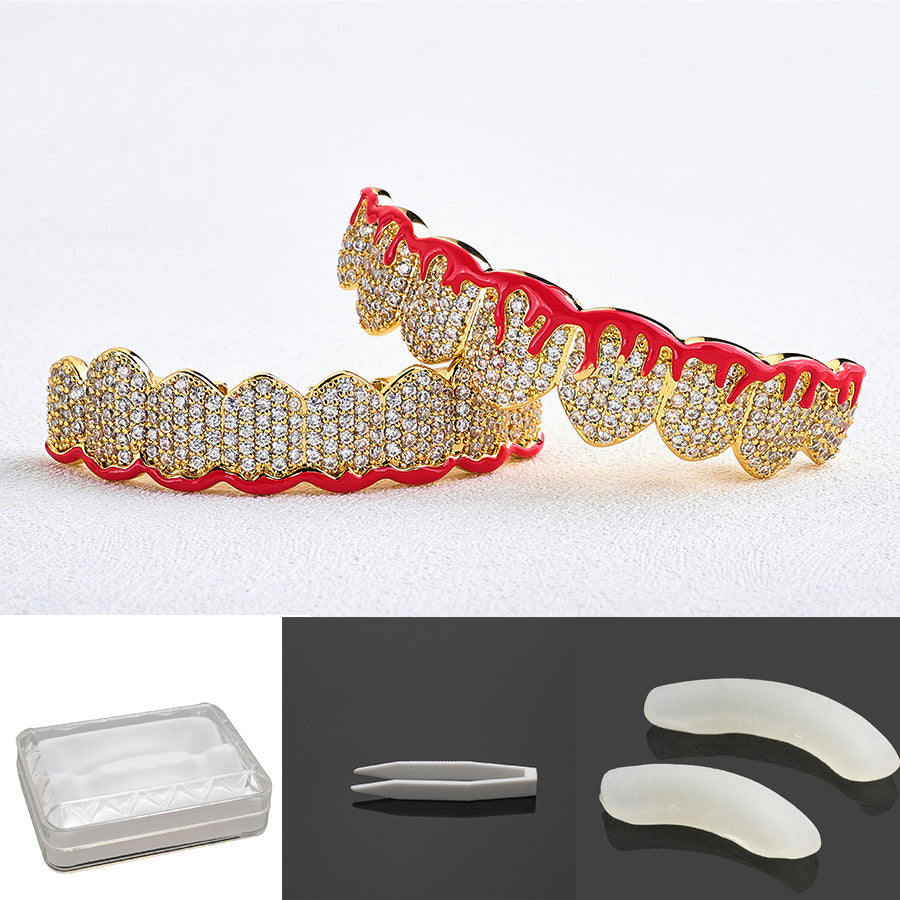 Halloween Vampire Braces Copper Inlaid with Zirconium Real Gold Electroplating Nightclub Exaggerated Big Gold Teeth Personalized Full Diamond Hip-Hop Braces