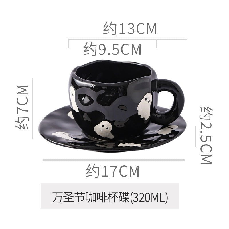 Creative Halloween-Themed Ceramic Cup and Saucer, Irregular Personalized Coffee Cup and Saucer with Pumpkin and Bat Patterns