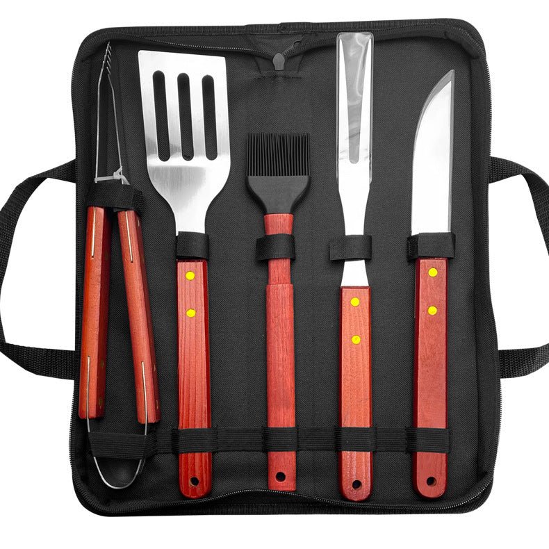 Outdoor camping barbecue tools combination stainless steel grill suit wooden handle fork shovel clip BBQ accessories cloth bag - Kasa & Pet
