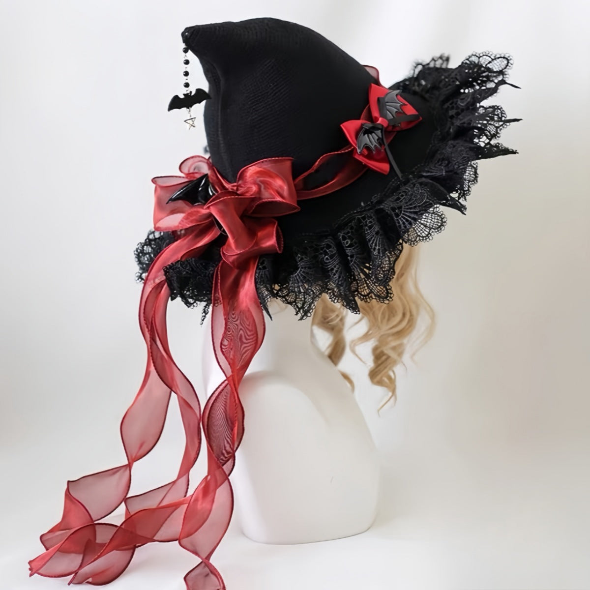 Handmade Dark Devil Bat Gothic Lolita Lace Halloween Witch Hat Witch Wizard Hat Headdress Lace