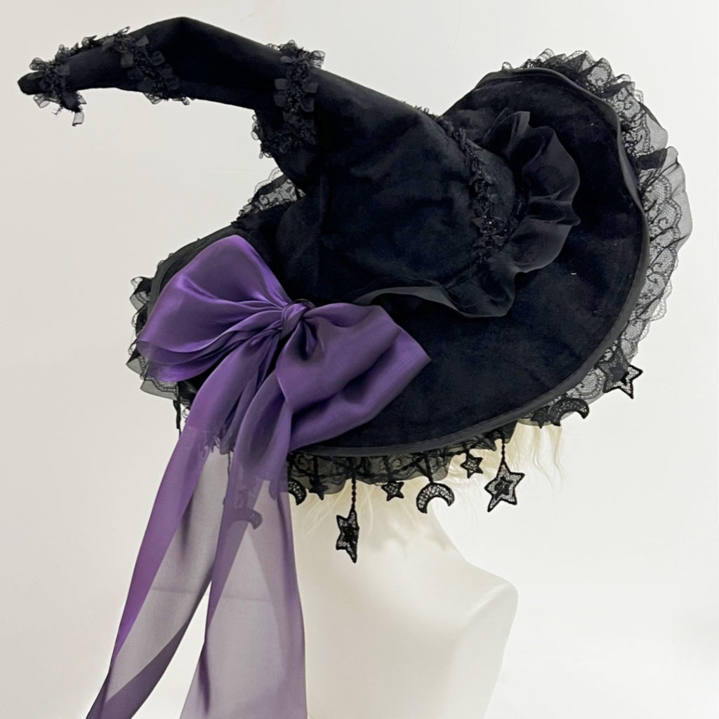 Halloween Dark Purple Lace Big Bow Witch Hat Dark Gothic Wizard Big Brim Hat Lolita Witch Hat