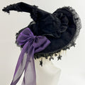 Halloween Dark Purple Lace Big Bow Witch Hat Dark Gothic Wizard Big Brim Hat Lolita Witch Hat