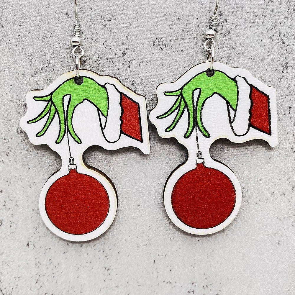 Cross-border new European and American Christmas Grinch wooden earrings green fur strange Christmas gift drop wooden earrings earrings - Kasa & Pet