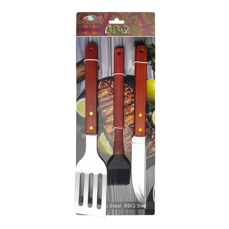 Outdoor camping barbecue tools combination stainless steel grill suit wooden handle fork shovel clip BBQ accessories cloth bag - Kasa & Pet