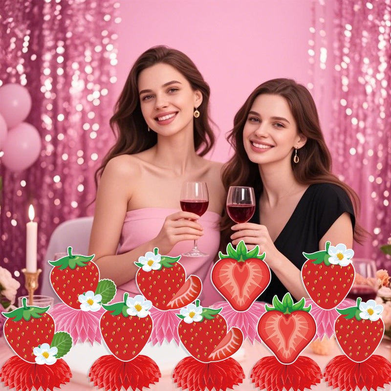 European and American Strawberry Birthday Theme Party Supplies Flags, Flowers, Honeycomb Table Decorations, Desktop Table Decorations