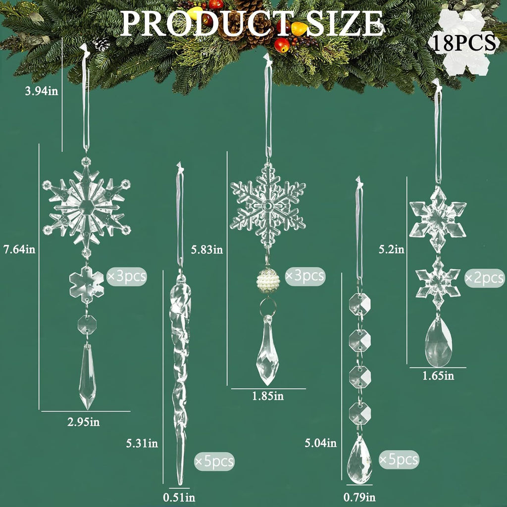 18Pcs Christmas Tree Decoration Crystal Christmas Decorations Hanging Acrylic Snowflakes and Icicles Christmas Tree Pendants