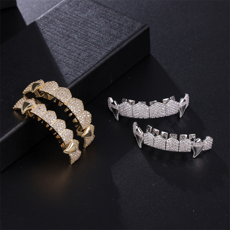 Halloween Vampire Braces Copper Inlaid with Zirconium Real Gold Electroplating Nightclub Exaggerated Big Gold Teeth Personalized Full Diamond Hip-Hop Braces