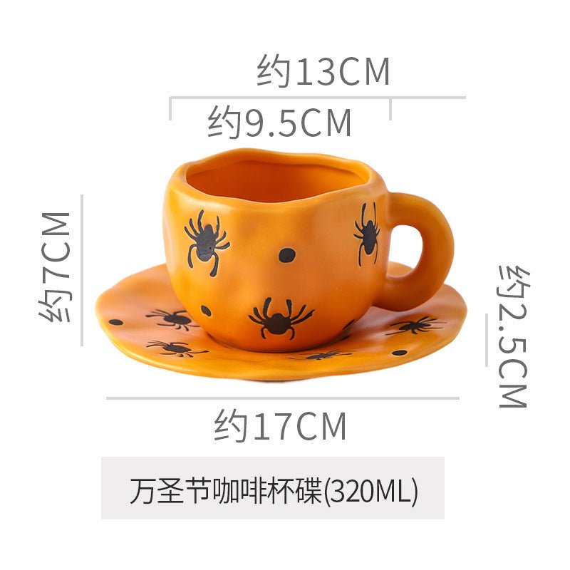 Creative Halloween-Themed Ceramic Cup and Saucer, Irregular Personalized Coffee Cup and Saucer with Pumpkin and Bat Patterns