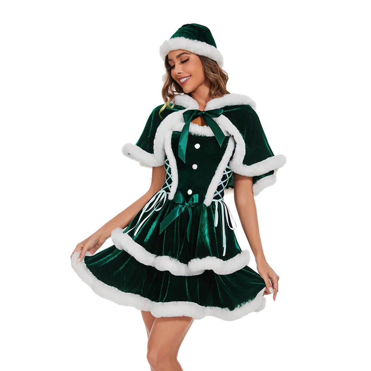 Amazon Christmas Shawl Cloak Christmas Costume Girls Party Cos Red and Green Christmas Costume Performance Uniform