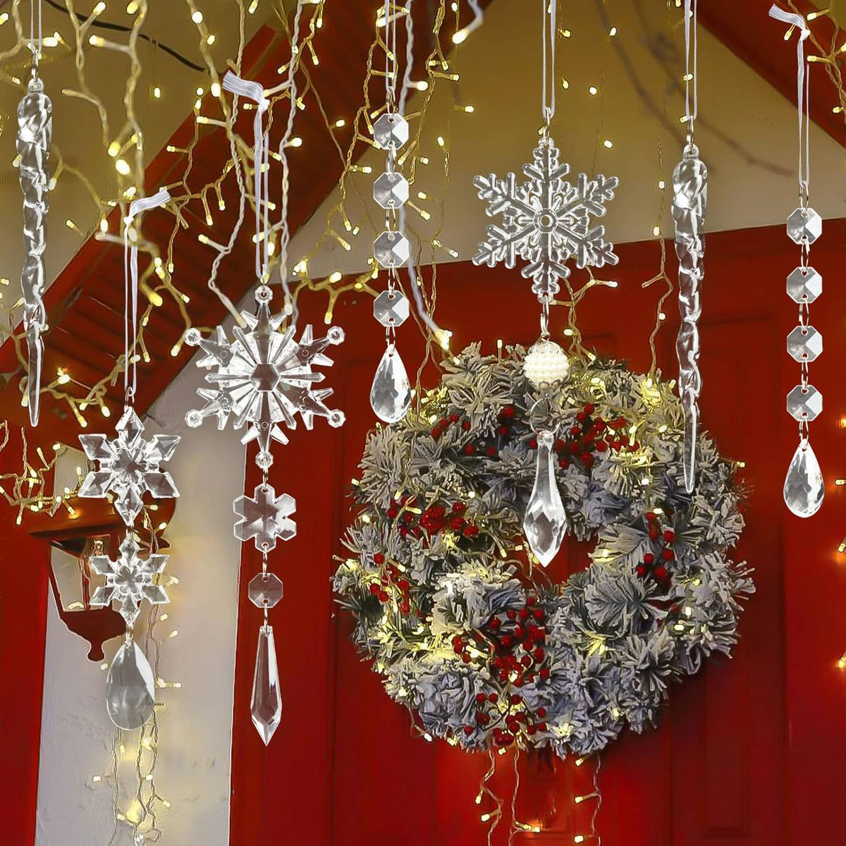 18Pcs Christmas Tree Decoration Crystal Christmas Decorations Hanging Acrylic Snowflakes and Icicles Christmas Tree Pendants