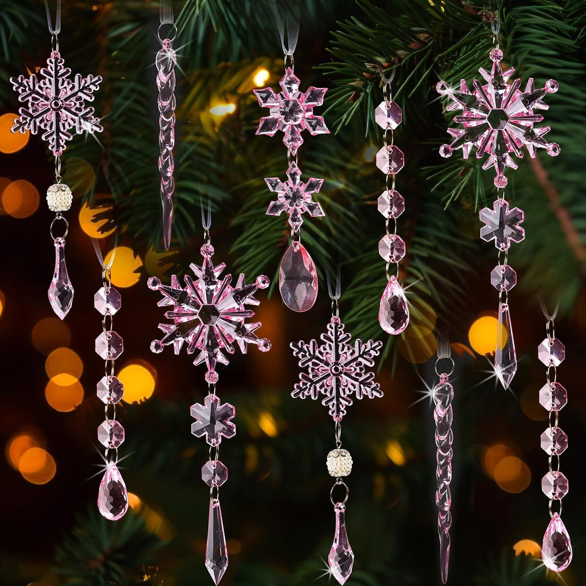 18Pcs Christmas Tree Decoration Crystal Christmas Decorations Hanging Acrylic Snowflakes and Icicles Christmas Tree Pendants