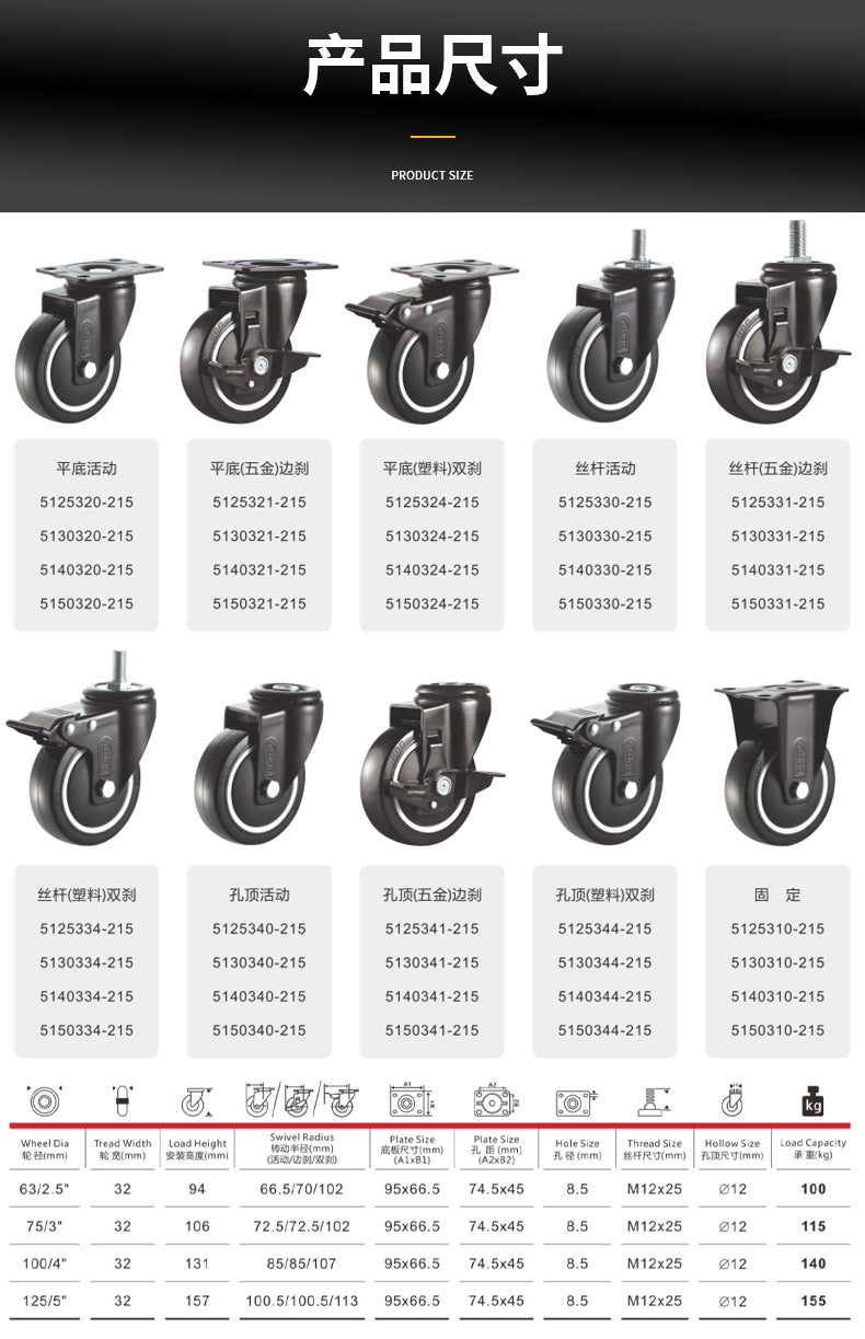 Houde HOD heavy duty industrial 3 inch 4 inch 5 inch polyurethane black universal wheel mute wear-resistant trolley casters