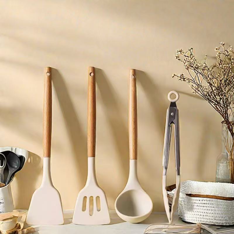 Wooden Handle Silicone Kitchen Utensils Household High Temperature Resistant Spatula Soup Spoon Non-Stick Pan Special Cooking Spatula Spatula Set - Kasa & Pet
