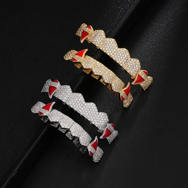 Halloween Vampire Braces Copper Inlaid with Zirconium Real Gold Electroplating Nightclub Exaggerated Big Gold Teeth Personalized Full Diamond Hip-Hop Braces