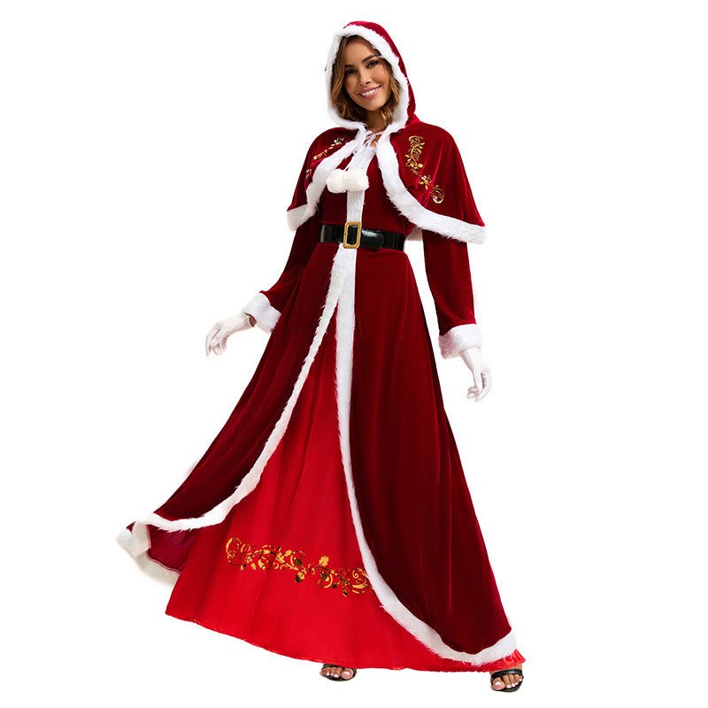 European and American Cross-Border Christmas Clothing Long-Sleeved Women's Christmas Dress Thickeneded Santa Claus with Shawl Christmas Queen Costume