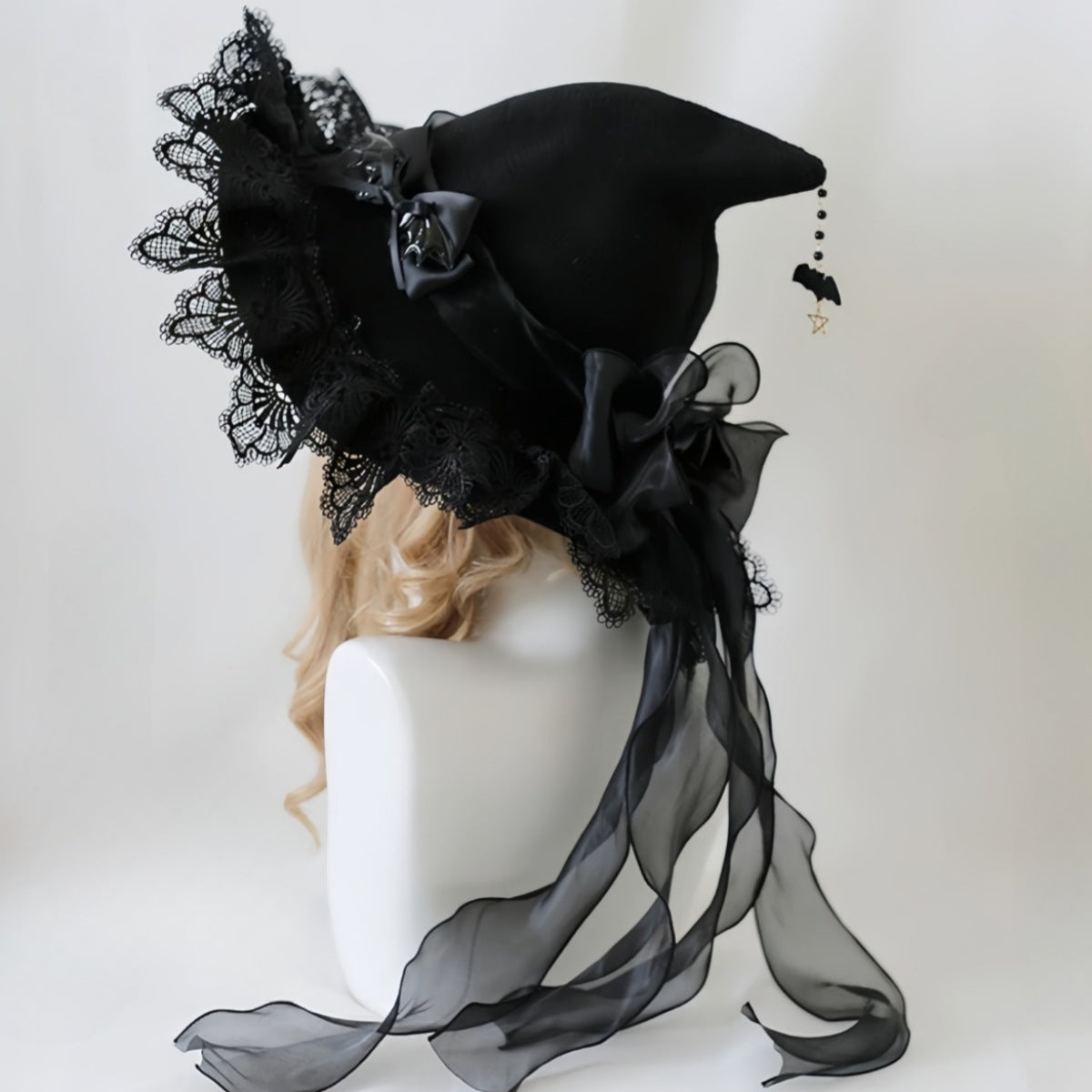 Handmade Dark Devil Bat Gothic Lolita Lace Halloween Witch Hat Witch Wizard Hat Headdress Lace