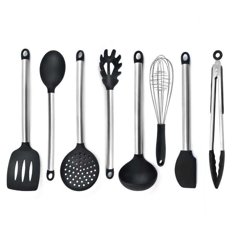 Silicone kitchenware suit 8-piece set stainless steel tube handle spatula baking scraper egg beater cooking hot pot spoon - Kasa & Pet
