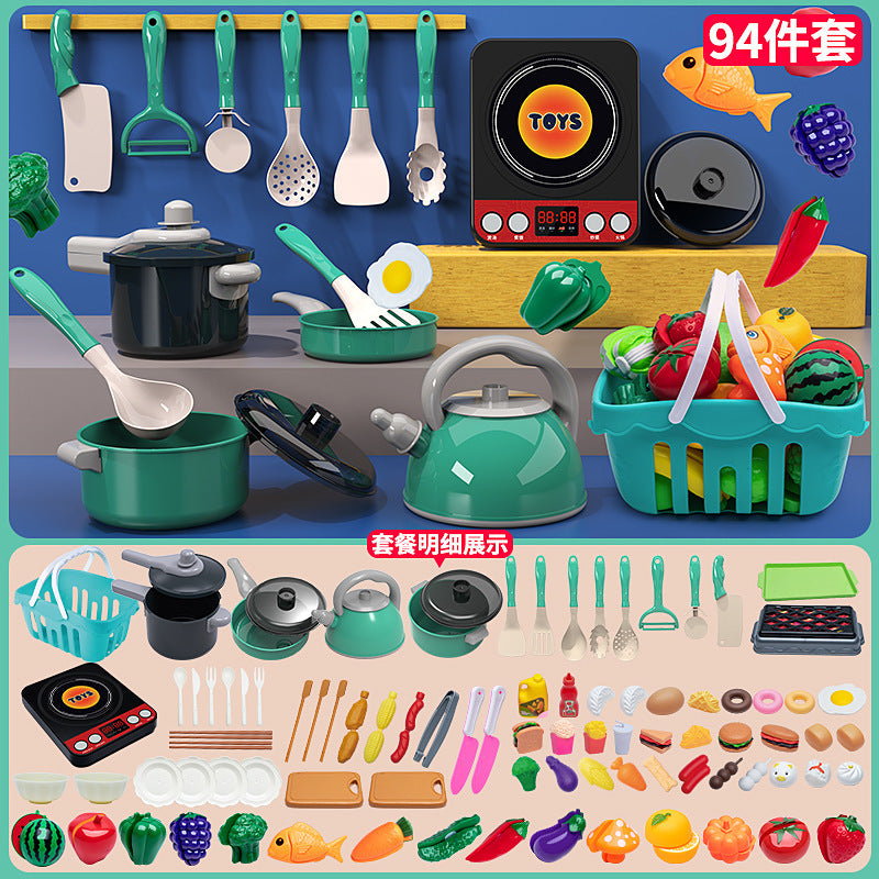 Cross-border simulation kitchenette cooking kitchenware suit fruit cutting music girls play house toys induction cooker cooking