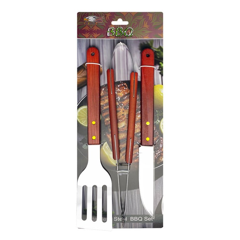 Outdoor camping barbecue tools combination stainless steel grill suit wooden handle fork shovel clip BBQ accessories cloth bag - Kasa & Pet