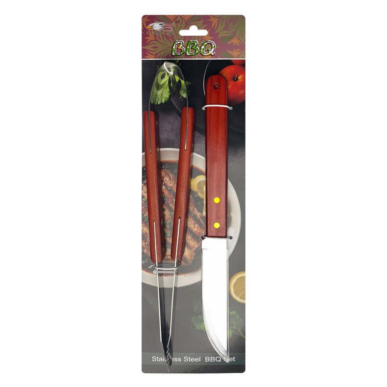 Outdoor camping barbecue tools combination stainless steel grill suit wooden handle fork shovel clip BBQ accessories cloth bag - Kasa & Pet