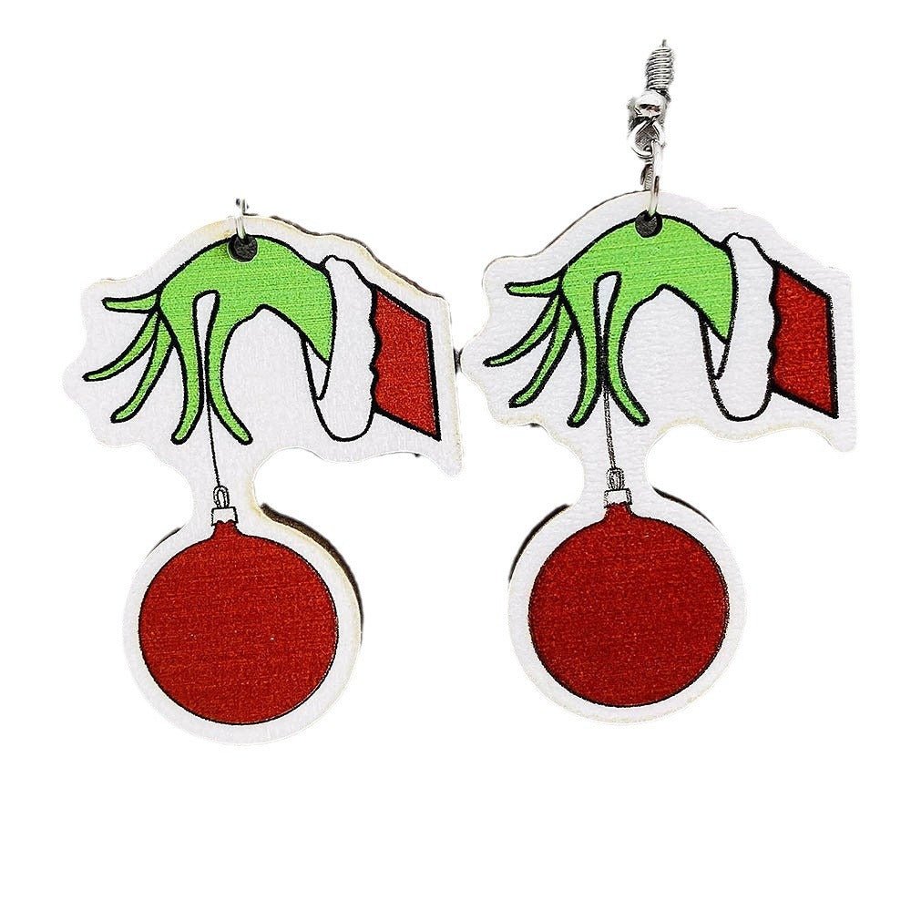 Cross-border new European and American Christmas Grinch wooden earrings green fur strange Christmas gift drop wooden earrings earrings - Kasa & Pet