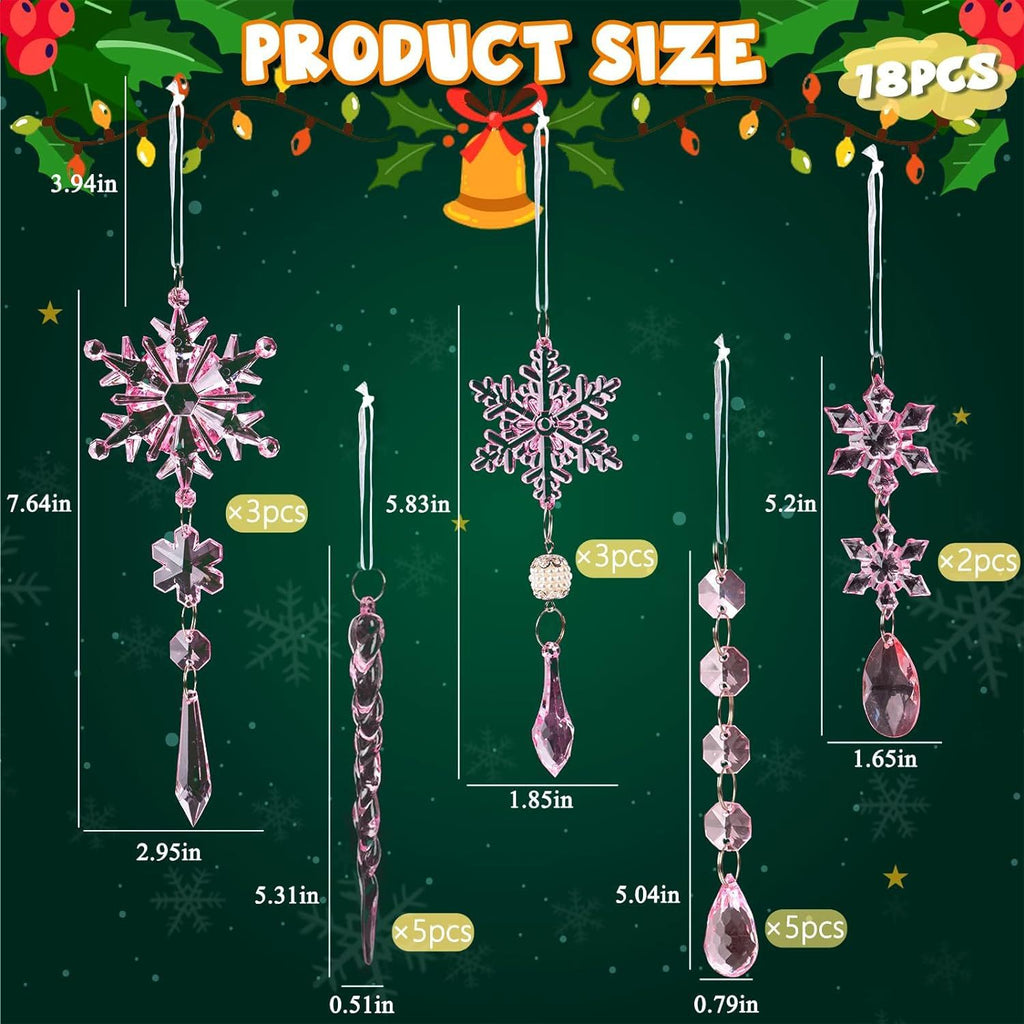 18Pcs Christmas Tree Decoration Crystal Christmas Decorations Hanging Acrylic Snowflakes and Icicles Christmas Tree Pendants