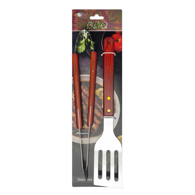 Outdoor camping barbecue tools combination stainless steel grill suit wooden handle fork shovel clip BBQ accessories cloth bag - Kasa & Pet