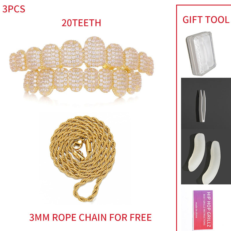 Halloween Vampire Braces Copper Inlaid with Zirconium Real Gold Electroplating Nightclub Exaggerated Big Gold Teeth Personalized Full Diamond Hip-Hop Braces